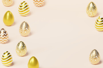 Easter eggs decorated with gold, beige background copy space, spring April holidays card, isometric 3d illustration render