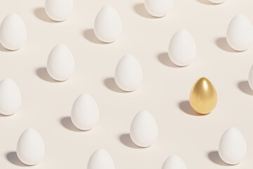 White and golden Easter eggs, spring April holidays card, isometric 3d illustration render