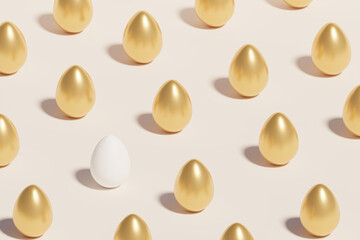 Golden and white Easter eggs, spring April holidays card, isometric 3d illustration render