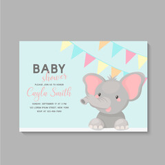 Baby Shower Invitation Card Design with Sitting Elephant. Baby Shower Template Card.