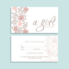 Set of colorful gift cards template. Modern style vector illustration of flowers for saloon, gallery, spa, shop. Gift voucher
