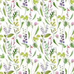 Watercolor seamless pattern with wild flowers and grass. Hand drawn floral background.