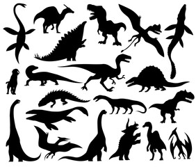 Dinosaurs and dino monsters icons. Predators and herbivores icon collection. Set of black vector silhouettes. Dinosaurs from jurassic period. Triceratops T-rex brontosaurus and others
