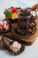 Close up photo of Tea set, Marmalade, Lokum and fragrant tea