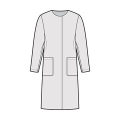 Straight coat technical fashion illustration with long sleeves, oversized body, knee length, patch pockets, hide closure. Flat jacket template front grey color style. Women, men, unisex top CAD mockup