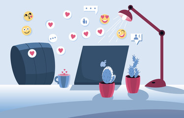 Workplace of social media manager or influencer at work. Comfy armchair and surfing internet on laptop. Using social network at home. Online search and communication