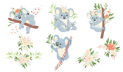 Set of funny koala with kids and resting on branch eating green leaves cartoon cute animal design vector illustration on white background