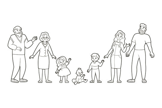 A set of family figures - grandmother, grandfather, dad, mom, son, daughter and baby. Coloring book for children, vector illustration in cartoon style, black and white isolated line art.