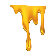 Honey dripping on white background. Golden flow syrup, caramel flowing or liquid melt template. Colorful delicious honey drops