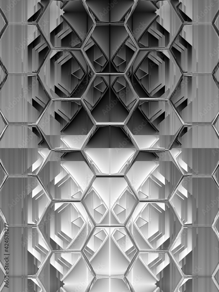 Poster monochrome hexagonal mosaic futuristic designs and patterns on a black and white background
