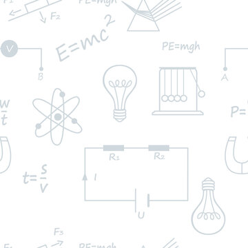 Seamless pattern outline style Physics science icons courses online education concept or school lesson vector illustration on white background
