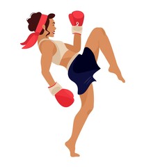 Young adult woman in red boxing gloves and red shorts. Strong kick. Sport girl fighting isolated on white background. Trendy hand drawn cartoon vector flat illustration for gym, boxing or kickboxing.