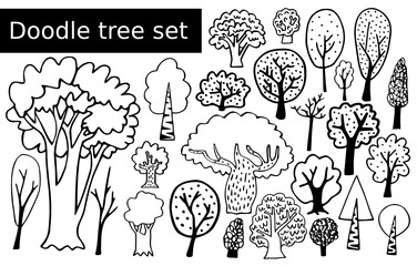 Set of cartoon trees isolated on white background. Black outline doodles. Hand drawn vector forest oaks, birchs, ash trees, bush for kids illustrations, designs, icons. Cute line art woodland clipart 
