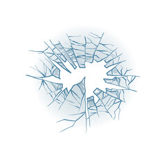 Broken glass. Cracked window. Texture of realistic destruction hole in transparent damaged glass. Vector realistic shattered glass template