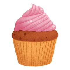 Cupcake flat vector illustration. Tasty muffin decorated with chocolate icing and pumpkin candy isolated on white. Delicious pastry, traditional autumn biscuit. Baked dessert, cake design element.