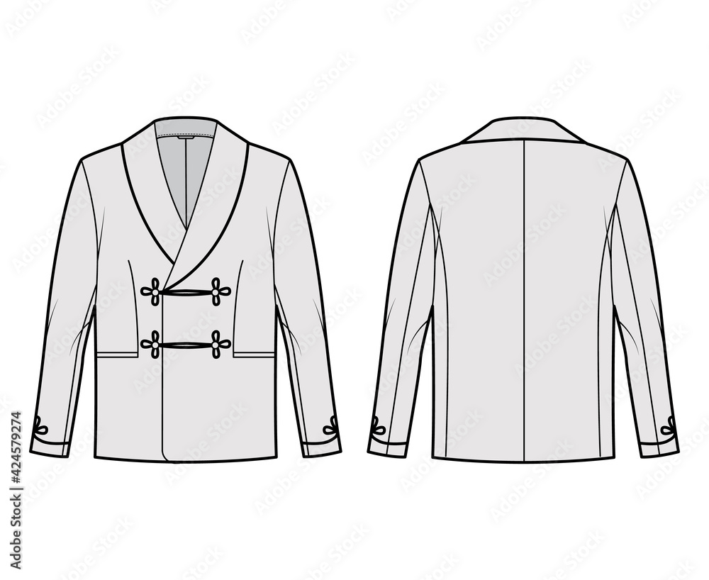 Wall mural Smoking jacket technical fashion illustration with double breasted, long sleeves, shawl collar, besom pockets. Flat pajama top coat template front, back grey color style. Women, men, unisex CAD mockup - Wall murals