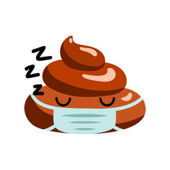 Sleeping shit or turd wearing medical mask emoji vector icon as concept for coronavirus prevention and other diseases as flu, air pollution, contaminated air. Isolated illustration