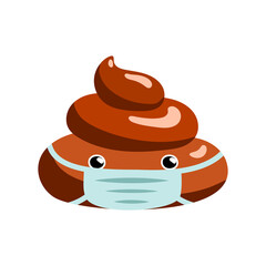 Shit or turd wearing medical mask emoji vector icon as concept for coronavirus prevention and other diseases as flu, air pollution, contaminated air. Isolated illustration