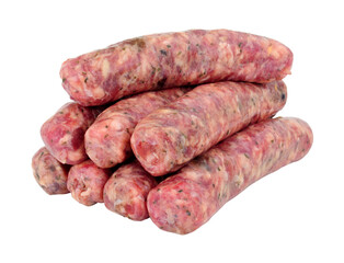 Group of raw Aberdeen Angus beef sausages isolated on a white background