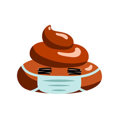 Shit or turd wearing medical mask emoji vector icon as concept for coronavirus prevention and other diseases as flu, air pollution, contaminated air. Isolated illustration