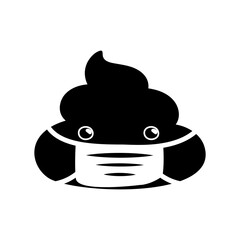 Shit or turd wearing medical mask emoji vector icon as concept for coronavirus prevention and other diseases as flu, air pollution, contaminated air. Black monochrome vector illustration