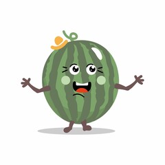 cute fruit watermelon cartoon character isolated on white background, funny positive and friendly watermelon emoticon face, happy smile cartoon face food emoji, comical fruit