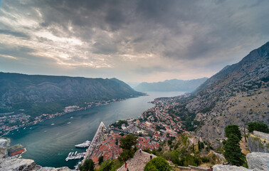 Kotor Bay towards the sunset from St John's Fortress,overlooking Old Town below, Montenegro,Eastern Europe.