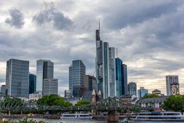 FRANKFURT, GERMANY, 25 JULY 2020:  View on the financial district with Main river in Frankfurt city