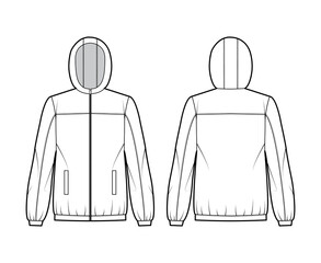 Windbreaker jacket technical fashion illustration with hood, oversized, long sleeves, welt pockets, zip-up opening. Flat coat template front, back white color style. Women, men, unisex top CAD mockup © Vectoressa