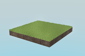 Box soil land geology cross section with green grass, 3D Illustration ground ecology isolated on blue sky. Render