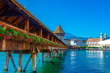 Fototapeta na wymiar LUCERNE, SWITZERLAND, 8 AUGUST 2020: The beautiful landscape of the Kapellbrücke bridge