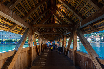 LUCERNE, SWITZERLAND, 8 AUGUST 2020: The beautiful landscape of the interior of the Kapellbrücke bridge