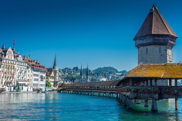 LUCERNE, SWITZERLAND, 8 AUGUST 2020: The beautiful landscape of the Kapellbrücke bridge