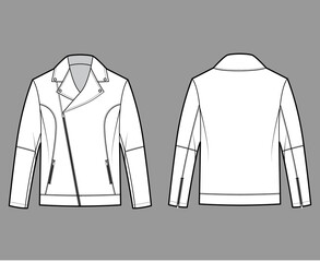 Zip-up biker jacket technical fashion illustration with oversized, zip front fold-over lapels collar, long sleeves, moto details. Flat coat template back white color style. Women unisex top CAD mockup © Vectoressa