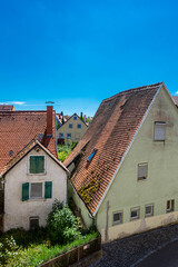View of the houses of the historic center of Nordlingen from the city walls in Germany