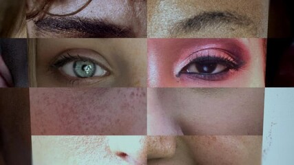 Composite human face on the screen. Camera slowly zoom out to full mosaic animated portrait - Powered by Adobe