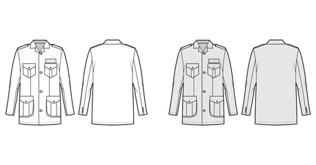 Safari jacket technical fashion illustration with oversized, open collar, long sleeve, flap pockets, button fastening. Flat coat template front, back white, grey color. Women men unisex top CAD mockup © Vectoressa