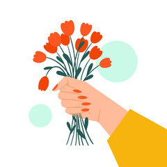 Hand holding a bouquet of red flowers isolated on white background. hand drawn vector illustration.