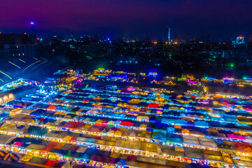 BANGKOK, THAILAND, 14 JANUARY 2020: Aerial view of the colorful Ratchada Train Night Market aby night