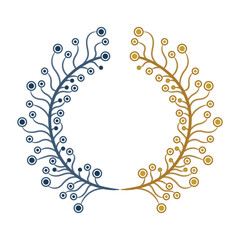 Floral wreath and design elements. Hand drawn decorative outline and golden graphics. Part of set.