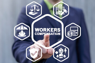 Concept of worker compensation. Benefit and claim compensation for employee of injury. Workers health safety. - obrazy, fototapety, plakaty