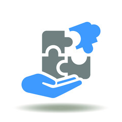 Hand hold solved puzzle pieces vector icon. Give good solution symbol. Business solutions logo.