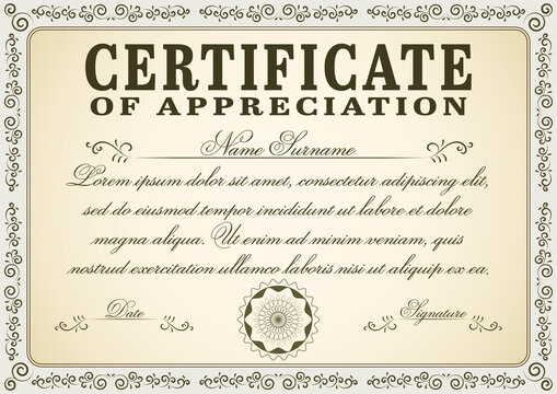 Abstract A4 size certificate frame design with swirls. Editable old diploma template illustration to use for wedding cards, invitations and school diploma. 
