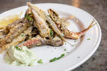 Fried fish herbs cream sauce