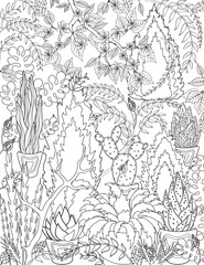 Coloring for adults. Weaving plants, cacti and flowers.