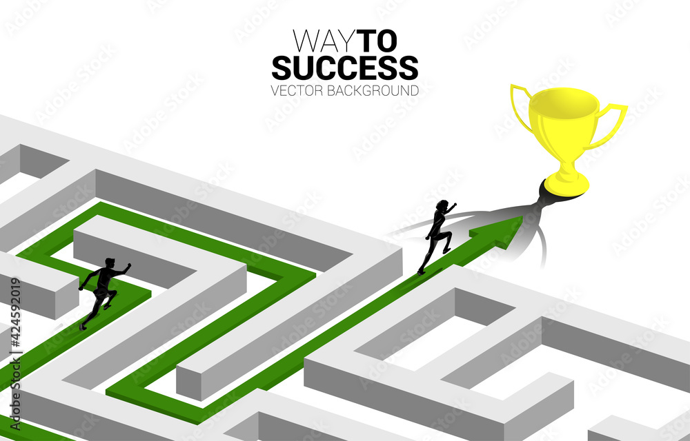 Poster Silhouette of Businessman run on Arrow with route path to exit the maze to golden trophy. Business concept for problem solving and solution strategy