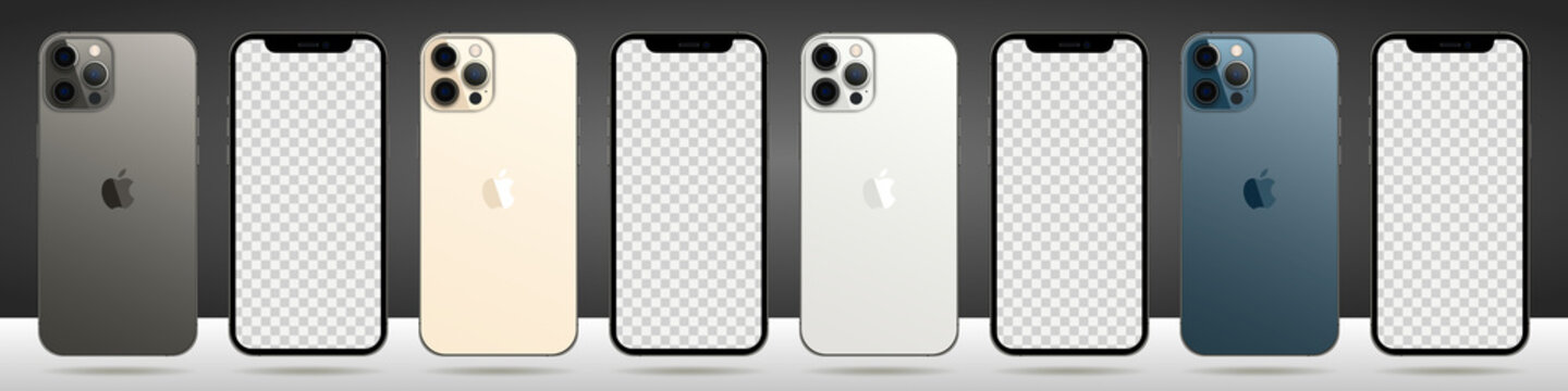 MAGELANG, INDONESIA - APRIL 1, 2021: New iPhone 12 pro or pro max in four colors (Graphite, Pacific Blue, Silver, Gold) by Apple Inc. Screen iphone and back side iphone. Vector illustration