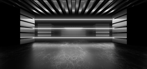 A dark corridor lit by white neon lights. Reflections on the floor and walls. 3d rendering image.