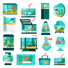 Aquarium fish and accessories, wildlife at home set, vector illustration. Flat fish swim in beautiful natural environment.