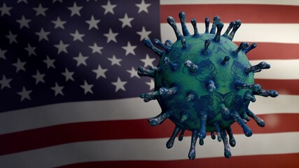 3D illustration American flag with Coronavirus outbreak. Covid 19 virus USA